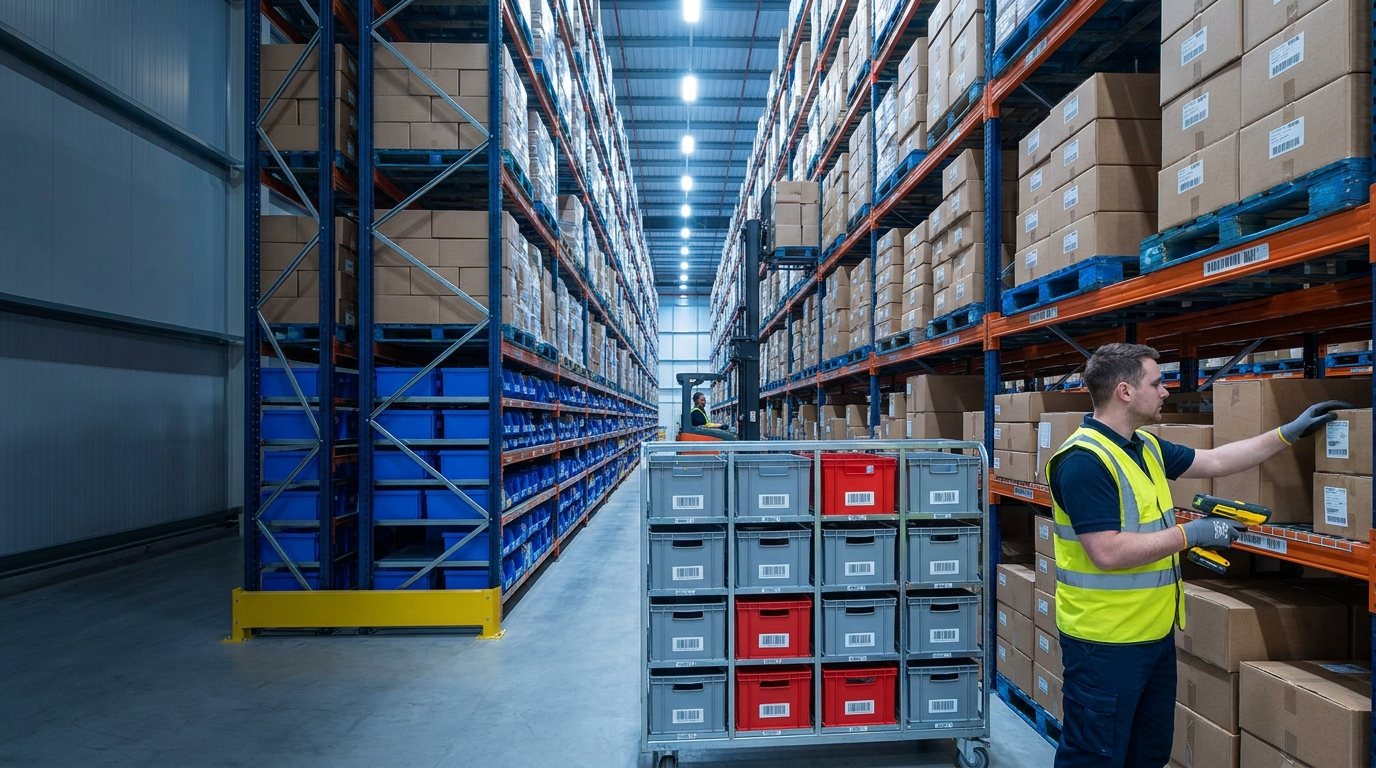 Warehouse worker picking products with a handheld scanner beside a trolley of barcoded totes